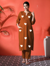 Brown Rust Heart Embroidered Cotton Kurta and Pant Set