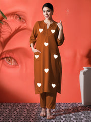 Brown Rust Heart Embroidered Cotton Kurta and Pant Set