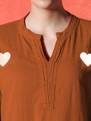 Brown Rust Heart Embroidered Cotton Kurta and Pant Set