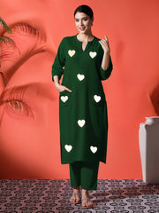 Green Heart Embroidered Cotton Kurta and Pant Set