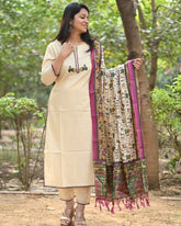 Off White Embroidered Cotton Flex Kurta and Pant Set with Chanderi Dupatta