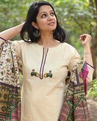 Off White Embroidered Cotton Flex Kurta and Pant Set with Chanderi Dupatta