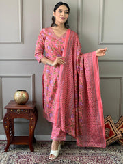 Rose Pink Printed Cotton Kurta and Pant Set