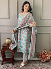 Coral Blue Printed Cotton Kurta and Pant Set with Dupatta