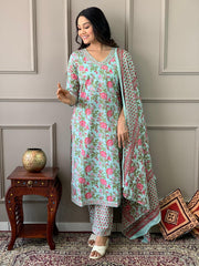 Coral Blue Printed Cotton Kurta and Pant Set with Dupatta