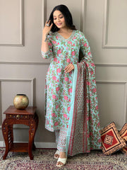 Coral Blue Printed Cotton Kurta and Pant Set with Dupatta