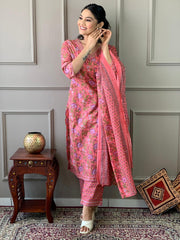 Rose Pink Printed Cotton Kurta and Pant Set