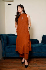 Brown Rust Embroidered Cotton Sleeveless Kurta and Pant Set