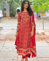 Red Embellished Cotton Kurta and Pant Set with Dupatta