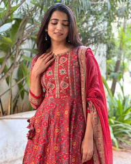 Red Embellished Cotton Kurta and Pant Set with Dupatta