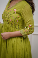 Green Embroidered Cotton Kurta and Pant Set with Dupatta
