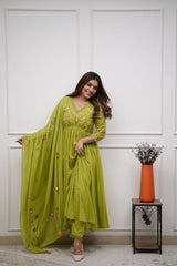 Green Embroidered Cotton Kurta and Pant Set with Dupatta