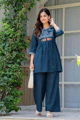 Blue Stone Embroidered Cotton Co-Ord Set