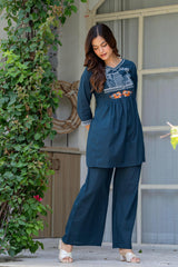 Blue Stone Embroidered Cotton Co-Ord Set