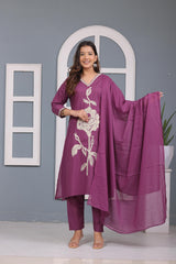Dark Purple Embroidered Cotton Kurta and Pant Set with Dupatta