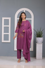 Purple Embroidered Cotton Kurta and Pant Set with Dupatta