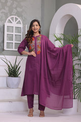 Grape Embroidered Cotton Kurta and Pant Set with Dupatta