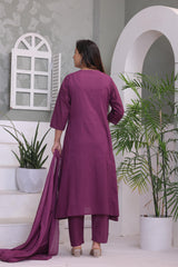 Grape Embroidered Cotton Kurta and Pant Set with Dupatta