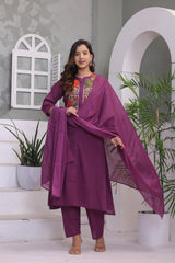 Grape Embroidered Cotton Kurta and Pant Set with Dupatta