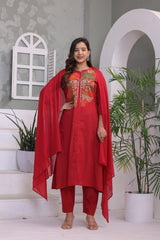 Red Embroidered Cotton Kurta and Pant Set with Dupatta