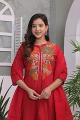 Red Embroidered Cotton Kurta and Pant Set with Dupatta