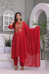 Red Embroidered Cotton Kurta and Pant Set with Dupatta