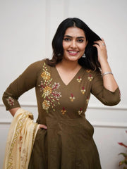 Cafe Noir Embroidered Cotton Kurta and Pant Set with Dupatta