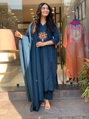 Blue Embroidered Cotton Flex Kurta and Pant Set with Dupatta