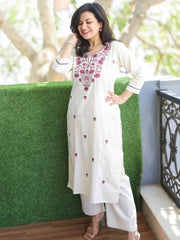 Off White Embroidered Cotton Kurta and Pant Set
