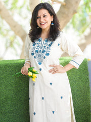 Off White Embroidered Cotton Kurta and Pant Set