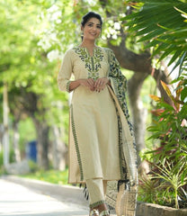 Off White Embroidered Cotton Kurta and Pant Set with Dupatta