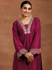 Maroon Embroidered Roman Silk Kurta and Pant Set