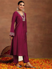 Maroon Embroidered Roman Silk Kurta and Pant Set