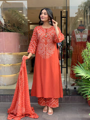 Orange Printed Cotton Kurta and Palazzo Set with Dupatta