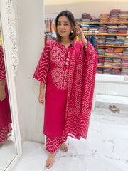 Pink Printed Cotton Kurta and Palazzo Set with Dupatta