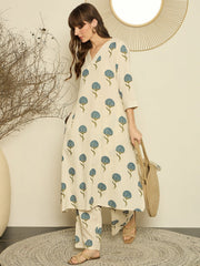 Off White Printed Cotton Flex Kurta and Pant Set
