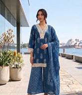 Blue Printed Cotton Farsi Salwar Suit Set with Dupatta