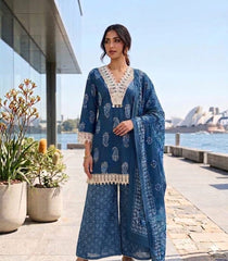 Blue Printed Cotton Farsi Salwar Suit Set with Dupatta