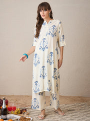 White Printed Cotton Flex Kurta and Pant Set