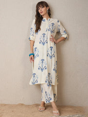 White Printed Cotton Flex Kurta and Pant Set