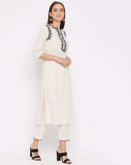 White Embroidered Cotton Flex Kurta and Pant Set