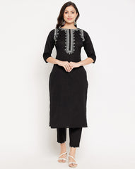 Black Embroidered Cotton Flex Kurta and Pant Set