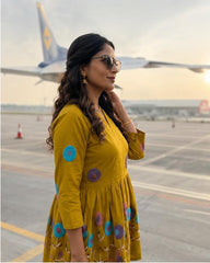 Mustard Yellow Embroidered Rado Cotton Short Kurti