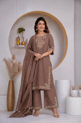 Greyish Brown Embroidered Cotton Kurta and Pant Set with Dupatta