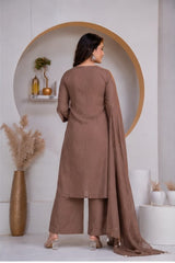 Greyish Brown Embroidered Cotton Kurta and Pant Set with Dupatta