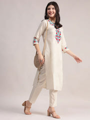 Off White Embriodered Cotton Flex Kurta and Pant Set
