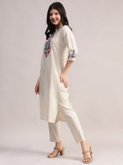 Off White Embriodered Cotton Flex Kurta and Pant Set