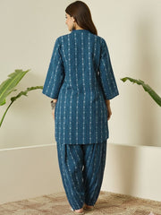 Teal Blue Printed Katha Cotton Farsi Salwar Set