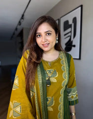 Brown Yellow Printed Handwork Kurta and Pant Set with Dupatta