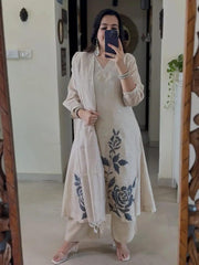 Off White Embroidered Cotton Flex Kurta and Pant Set with Dupatta